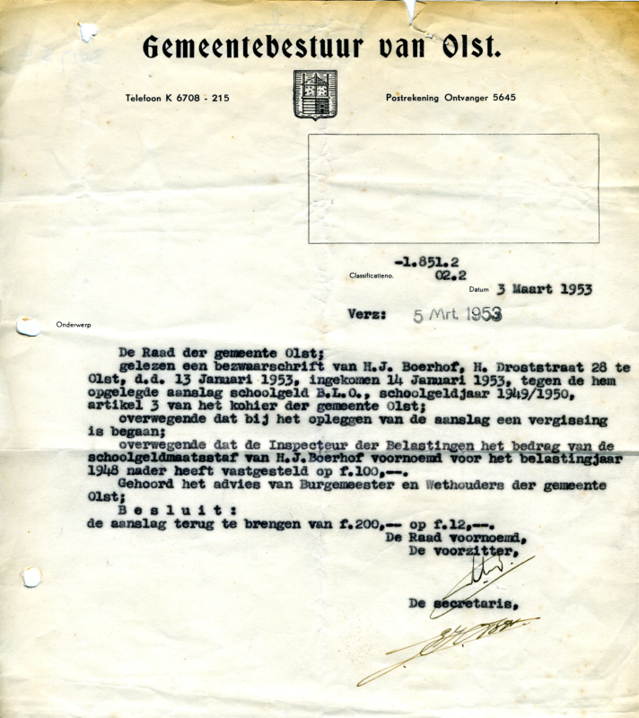 Bekijk detail van "Aanslagbiljet schoolgeld , 1952 - 1953 ."