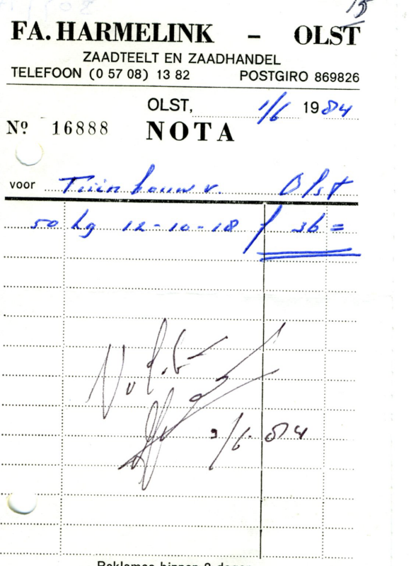 Bekijk detail van "Nota's met briefhoofd: Fa. Harmelink - Olst, 1984 - 1987 - 1988"