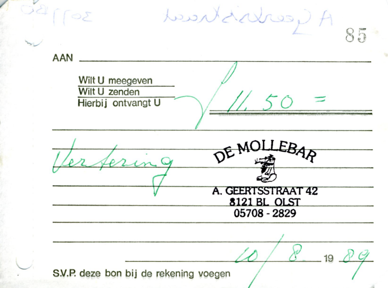 Bekijk detail van "Nota met stempel 'De Mollebar', 1989"