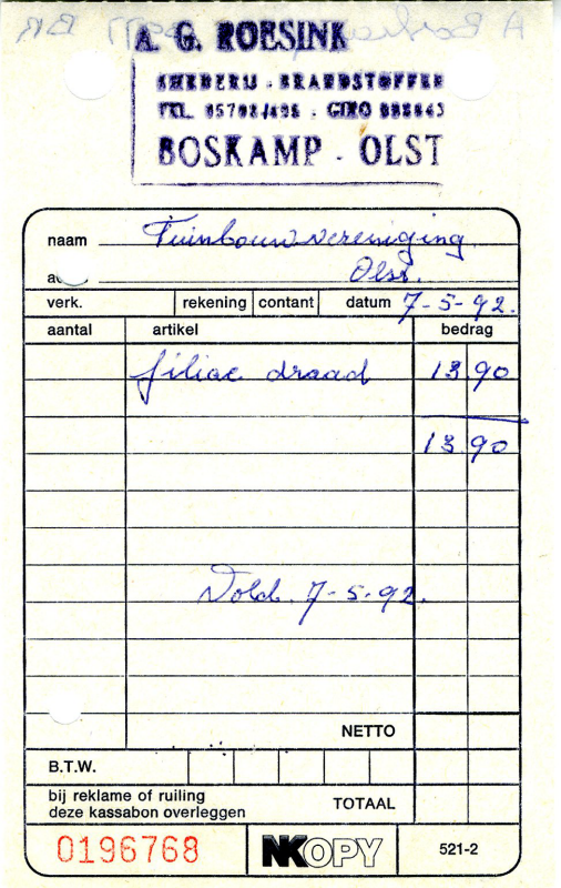 Bekijk detail van "Nota met stempel A.G. Roesink Smederij - Brandstoffen, 1992"
