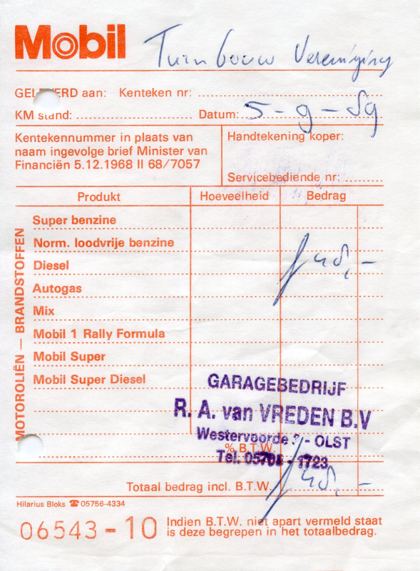 Bekijk detail van "Nota met stempel Garagebedrijf R.A. van Vreden BV., 1989"