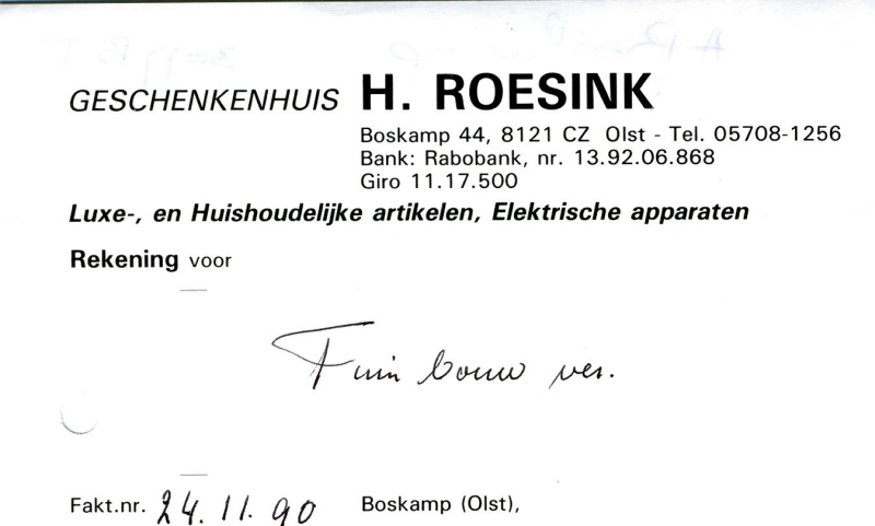 Bekijk detail van "Briefhoofd Geschenkenhuis H. Roesink, 1990"