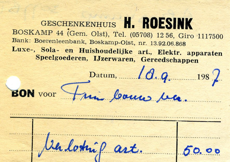 Bekijk detail van "Nota met briefhoofd: Geschenkenhuis H. Roesink,  1986 - 1989"