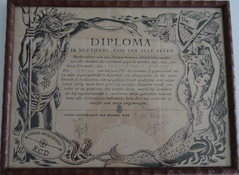 Bekijk detail van "Diploma A. van Werven, wegens passeren van de evenaar op 21 dec. 1947"