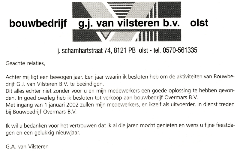 Bekijk detail van "Kaart met mededeling: Bouwbedrijf G.J. van Vilsteren BV. verkocht aan Bouwbedrijf Overmars BV. Olst per 1-1-2002"