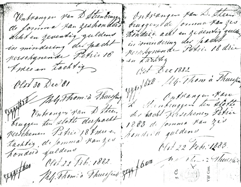 Bekijk detail van "Ontvangen <span class="highlight">pacht</span> van D. Steenbruggen aan Thom à  Thuessink, 1869 - 1883."