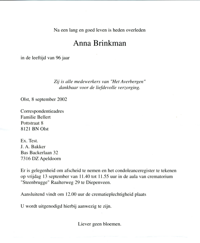 Bekijk detail van "Rouwkaart Anna Brinkman, 2002"