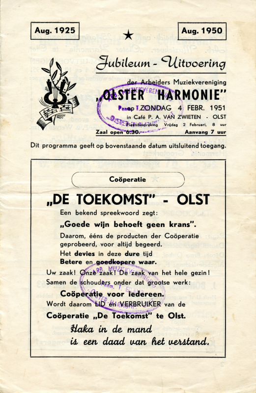 Bekijk detail van "Programma jubileumuitvoering der Arbeiders Muziekvereniging Olster Harmonie, 1951"