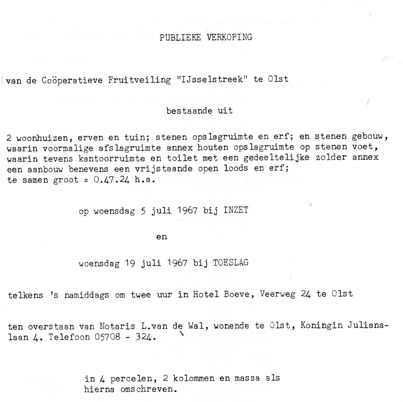 Bekijk detail van "Publieke Verkoping van de Coöperatieve Fruitveiling IJsselstreek te Olst, 1967"