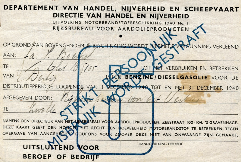 Bekijk detail van "Vergunningen om motorbrandstof te verbruiken, 1940 - 1941"