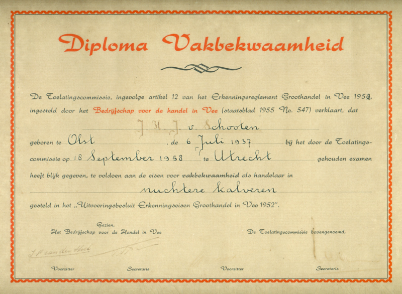 Bekijk detail van "Diploma Vakbekwaamheid J.H.J. van Schooten als handelaar in nuchtere kalveren, 1958"