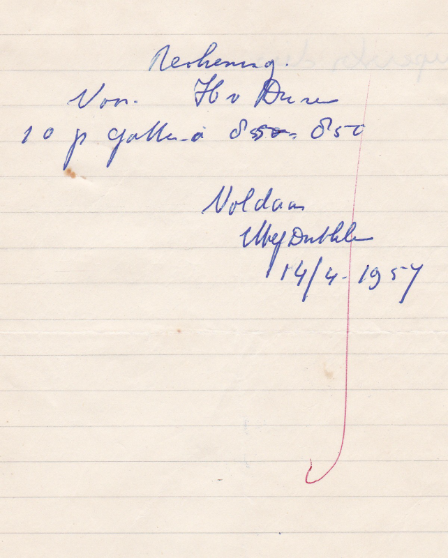 Bekijk detail van "Rekening met handtekening Mej. Duthler, 1957"