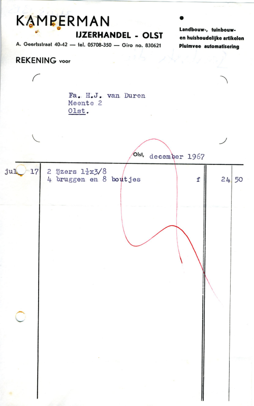 Bekijk detail van "Briefhoofd Kamperman IJzerhandel Olst, 1967."