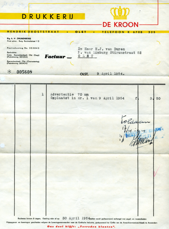 Bekijk detail van "Envelop + rekening met briefhoofd Drukkerij De Kroon, 1954"