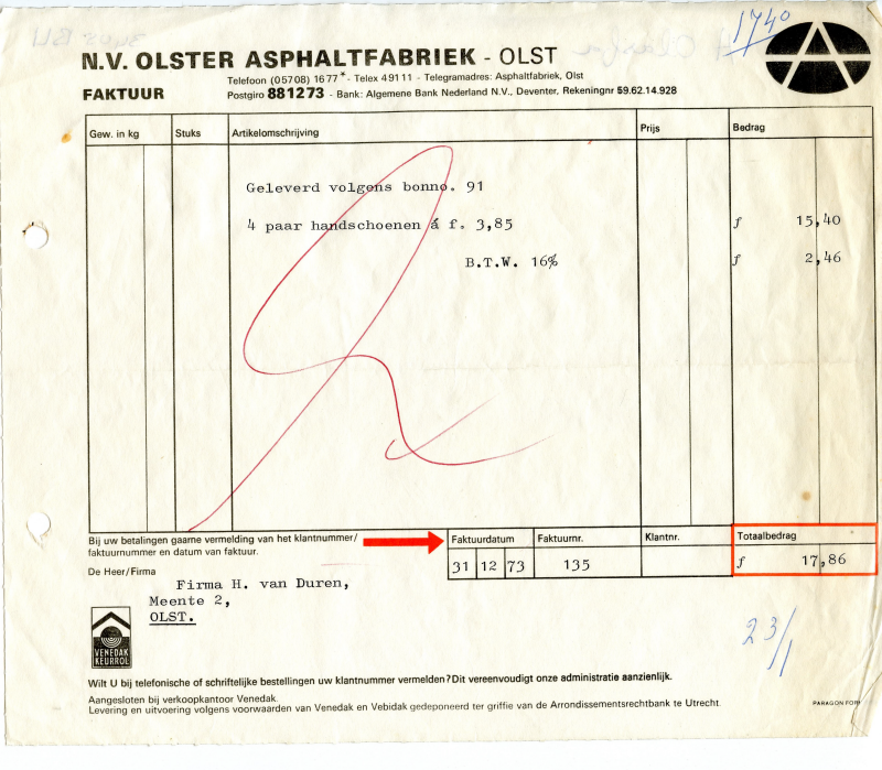 Bekijk detail van "Rekening met briefhoofd: N.V. Olster Asphaltfabriek Olst, 1973"