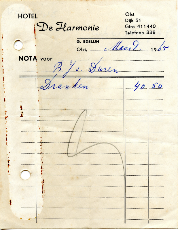 Bekijk detail van "Nota met briefhoofd: Hotel De Harmonie Dijk 51 Olst, 1965"