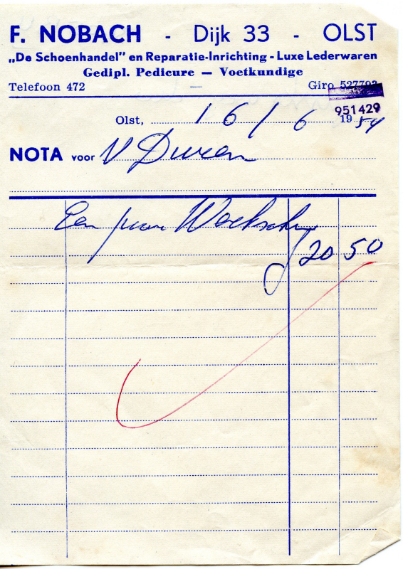 Bekijk detail van "Nota met briefhoofd F. Nobach - Dijk 33 - Olst, 1954"