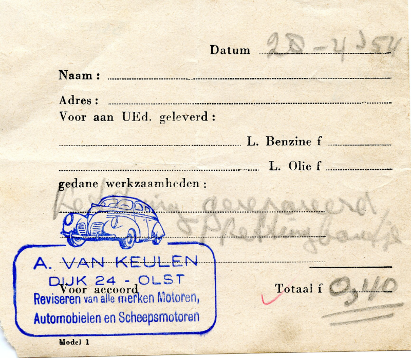 Bekijk detail van "Nota met stempel: A. van Keulen Dijk 24 Olst, 1954"