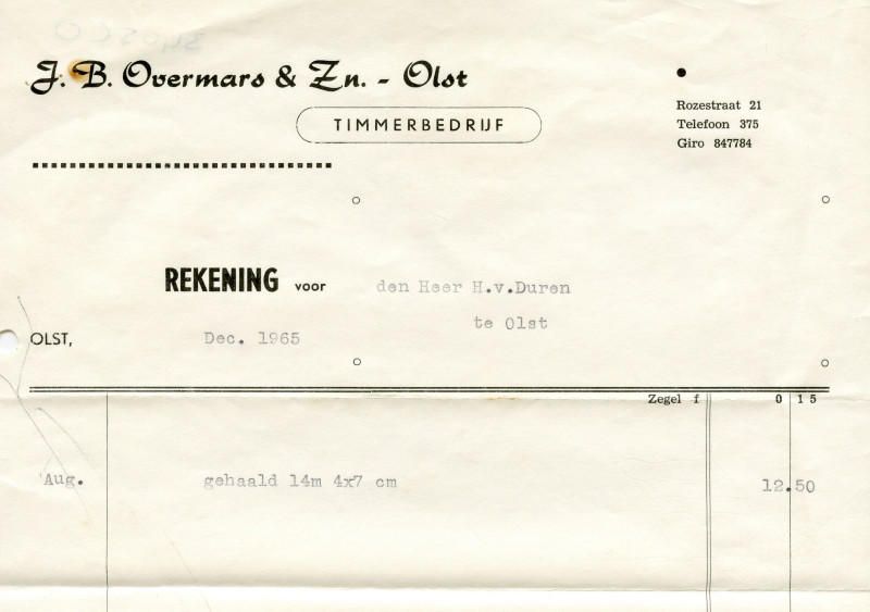 Bekijk detail van "Briefhoofd: J.B. Overmars & Zn. Olst Timmerbedrijf, 1965"