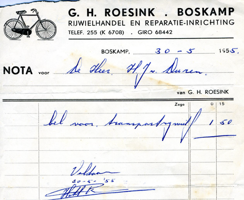 Bekijk detail van "Rekening met briefhoofd: G.H. Roesink - Boskamp, 1955"