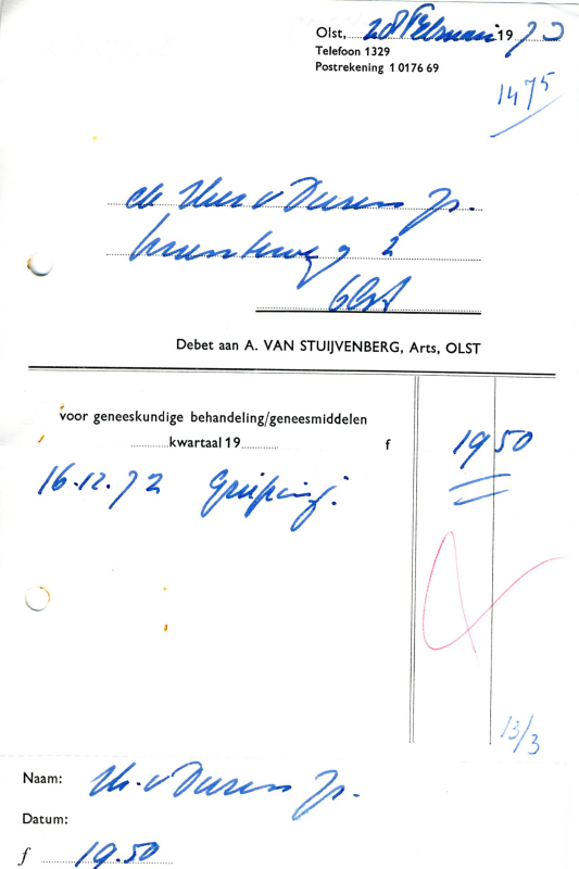 Bekijk detail van "Rekening A. van Stuyvenberg Arts Olst, 1972"