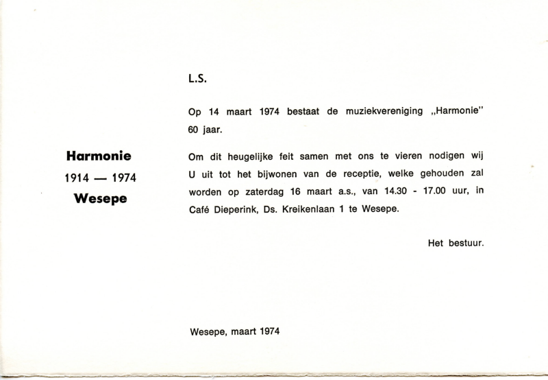 Bekijk detail van "Uitnodiging receptie t.g.v. 60 jarig bestaan Harmonie Wesepe, 1974"