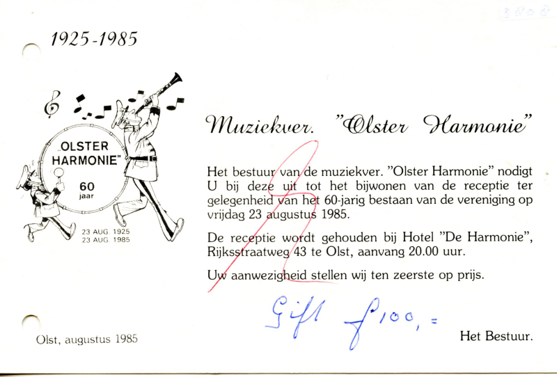 Bekijk detail van "Uitnodiging receptie t.g.v. 60-jarig bestaan Muziekver. Olster Harmonie, 1985"