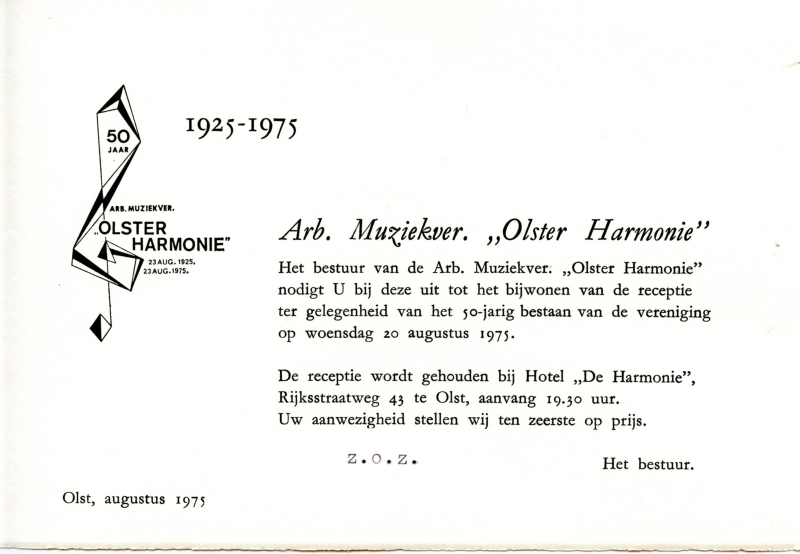 Bekijk detail van "Uitnodiging receptie t.g.v. 50-jarig bestaan Arbeiders Muziekvereniging Olster Harmonie, 1975"