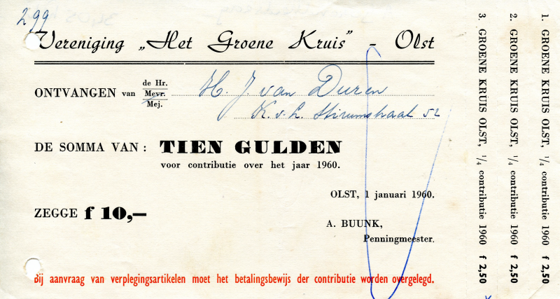 Bekijk detail van "Kwitantie Vereniging Het Groene Kruis Olst, 1960"
