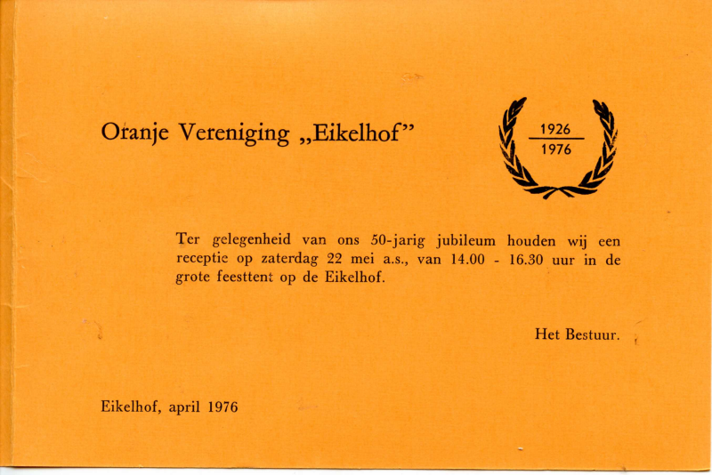 Bekijk detail van "Uitnodiging receptie 50-jarig bestaan Oranje Vereniging Eikelhof, 1976"