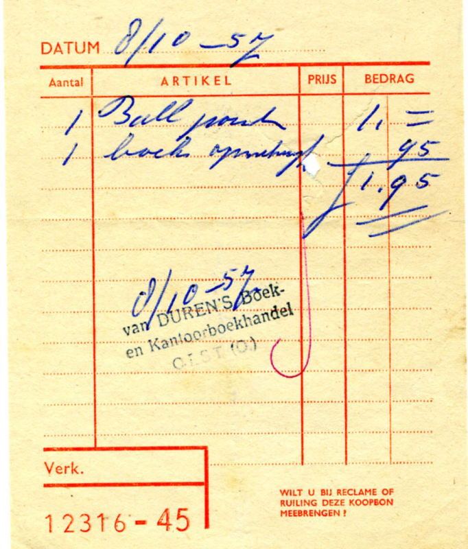 Bekijk detail van "Rekening met stempel: van Duren's Boek- en Kantoorboekhandel Olst(O), 1957"