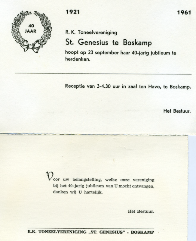 Bekijk detail van "Uitnodiging (+ bedankje aanwezigheid) voor receptie t.g.v. het  40-jarig jubileum R.K. <span class="highlight">Toneelvereniging</span> 'St. Genesius' Boskamp, 1961"