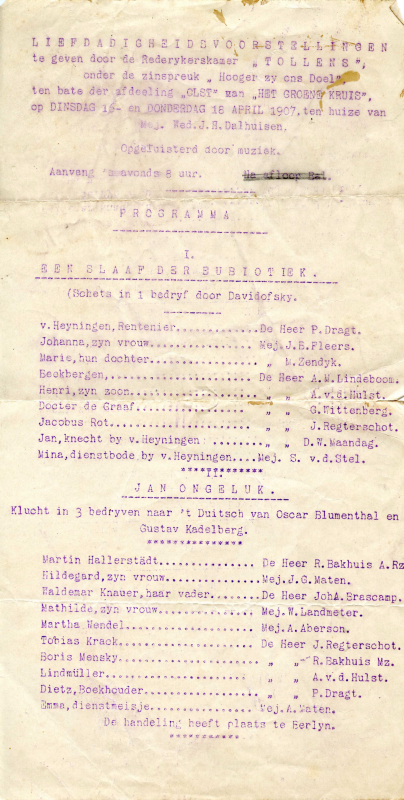 Bekijk detail van "Programma Liefdadigheidsvoorstellingen de Rederijkerskamer Tollens, 1907"