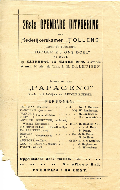 Bekijk detail van "Programma uitvoering der Rederijkerskamer 'Tollens', 1909"