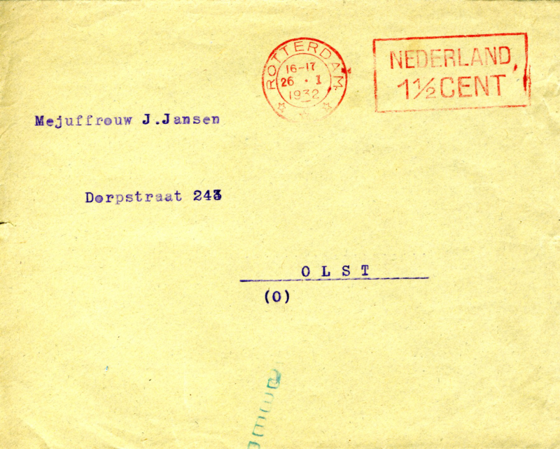 Bekijk detail van "Envelop: Mejuffrouw J. Jansen <span class="highlight">Dorpsstraat</span> 243 Olst(O), 1932"