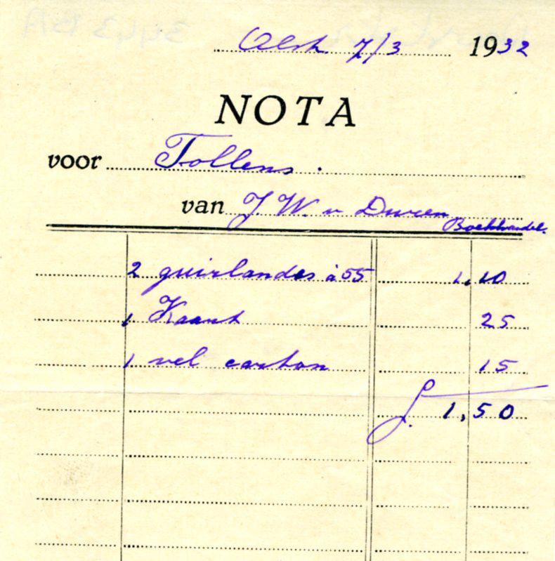 Bekijk detail van "Nota van J.W. van Duren Boekhandel, 1932"