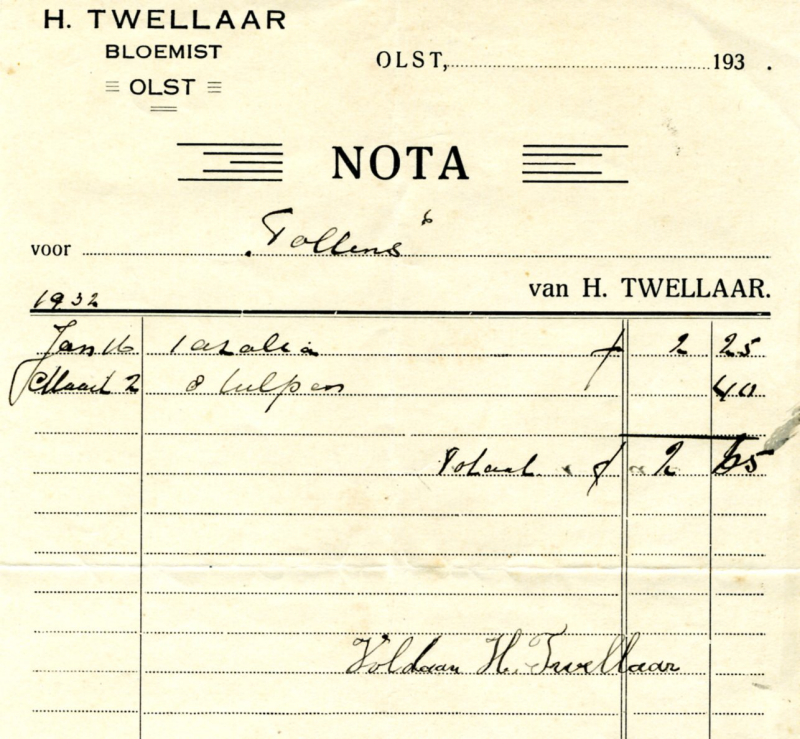 Bekijk detail van "Nota met briefhoofd: H. Twellaar Bloemist Olst, 1932"