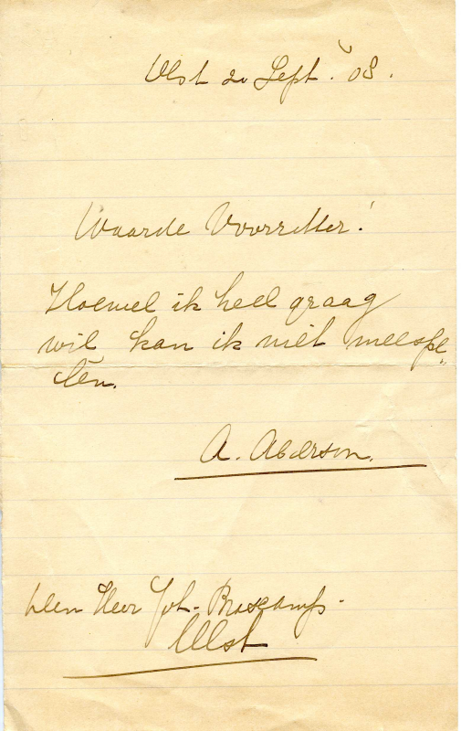 Bekijk detail van "<span class="highlight">Briefje</span>: Olst 20 sept. '08, Waarde voorzitter, Hoewel ik heel graag wil kan ik niet meespelen. A. Aberson"