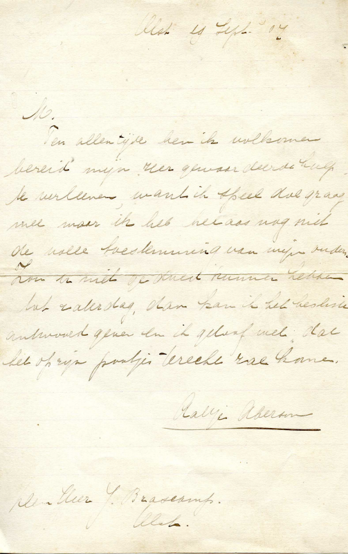 Bekijk detail van "Brief: Aaltje Aberson biedt zich aan voor het spelen van een rol bij <span class="highlight">Toneelvereniging</span> Rederijkerskamer Tollens, 1907"