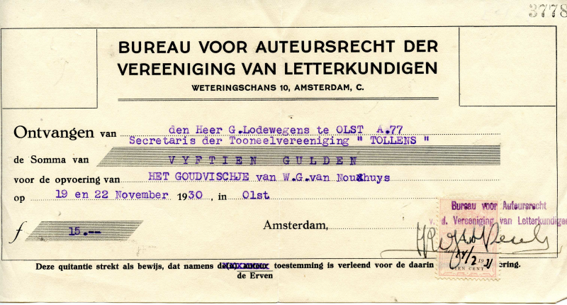 Bekijk detail van "Nota voor secretaris der Tooneelvereeniging 'Tollens', 1930"