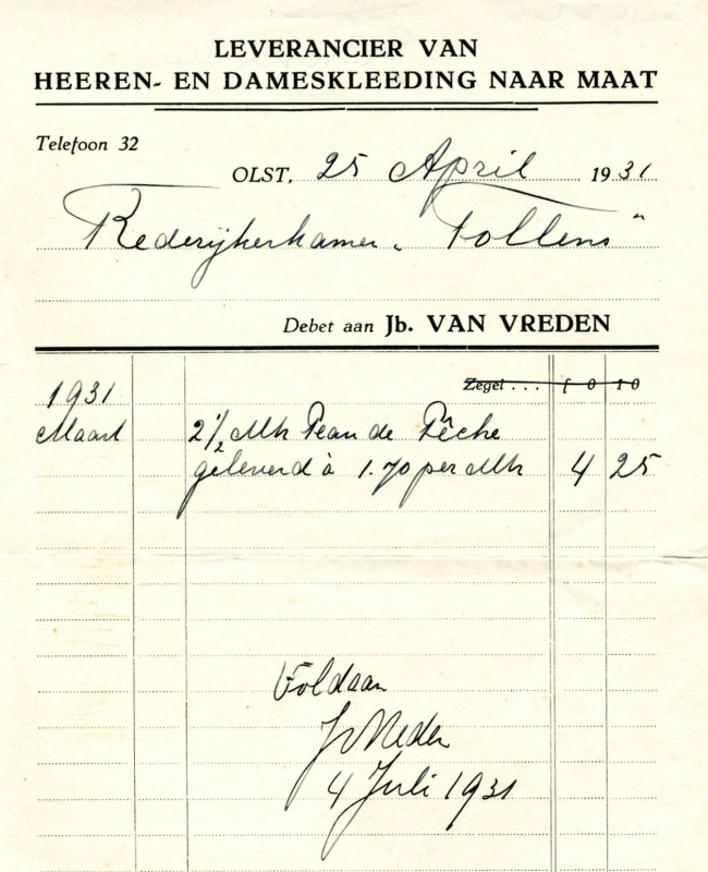 Bekijk detail van "Nota van Jb. van Vreden Leverancier van Heeren- en dameskleeding naar maat, 1931"