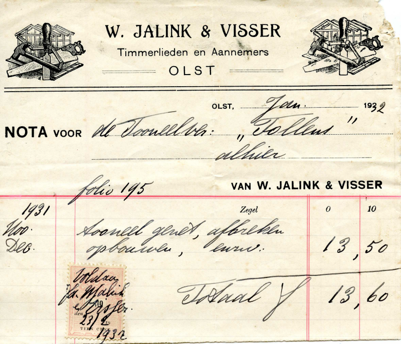 Bekijk detail van "Nota met briefhoofd: W. Jalink & Visser Timmerlieden en Aannemers, 1931 - 1931"