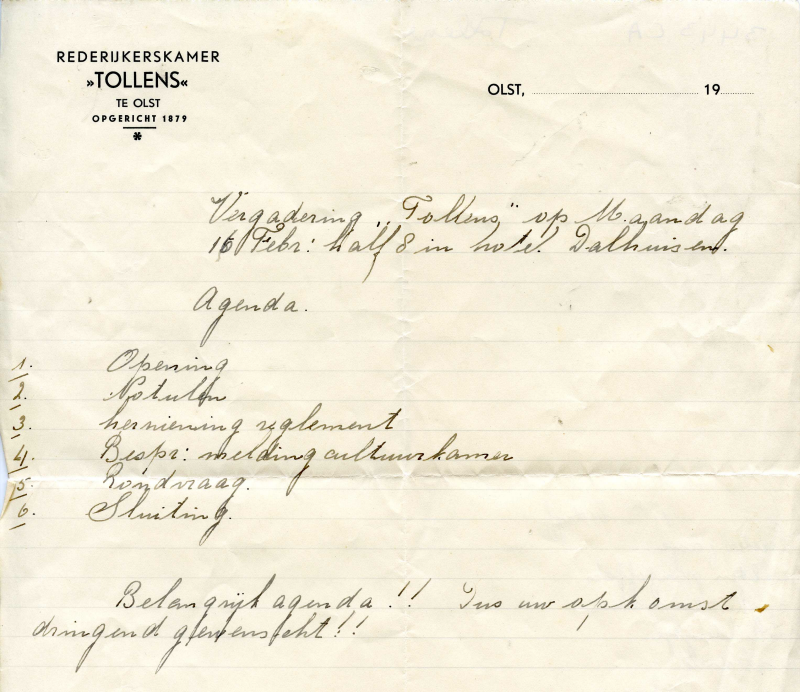 Bekijk detail van "Brief met briefhoofd: Rederijkerskamer 'Tollens' te Olst opgericht in 1879"