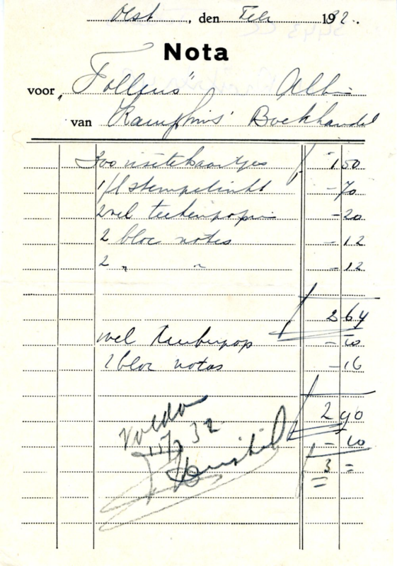 Bekijk detail van "Nota van Kamphuis Boekhandel voor Tollens alhier, 1932"