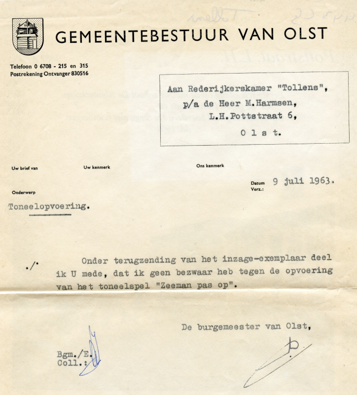 Bekijk detail van "Brief met logo Gemeentebestuur van Olst, 1963"