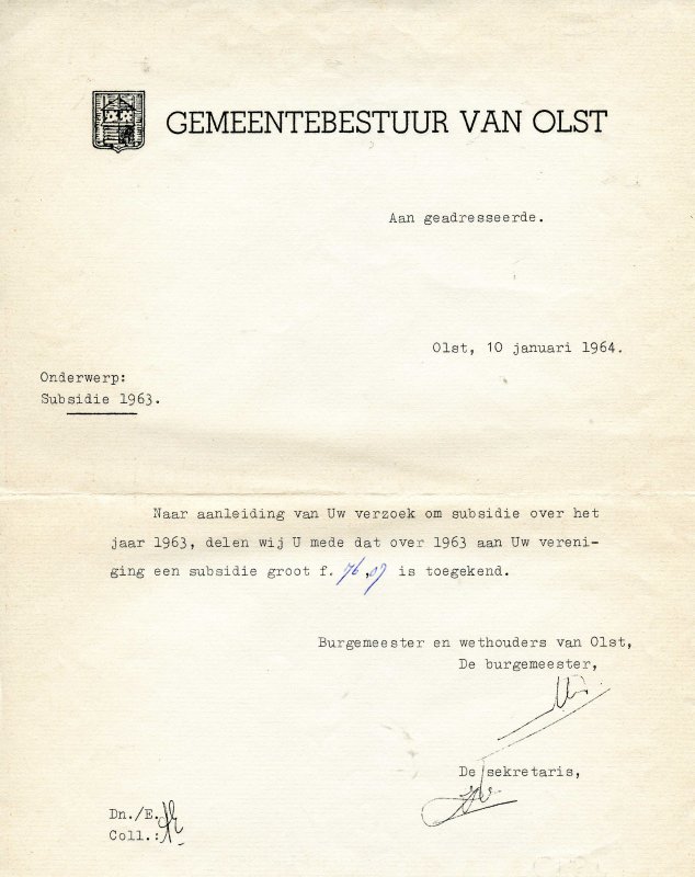 Bekijk detail van "Brief van het Gemeentebestuur van Olst over subsidie voor <span class="highlight">Toneelvereniging</span> Tollens, 1964"