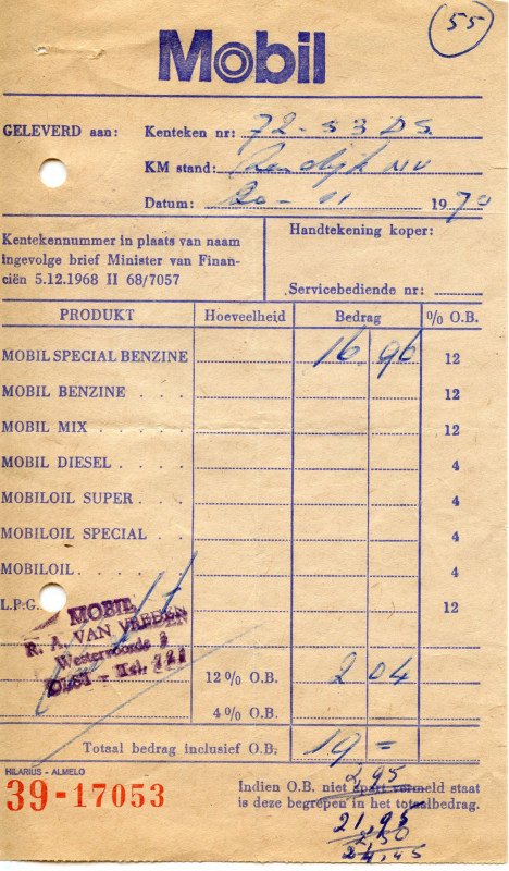 Bekijk detail van "Benzine-rekening met stempel: Mobil R.A. van Vreden, 1970"