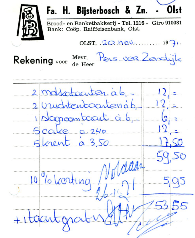 Bekijk detail van "Rekening met briefhoofd: Fa. H. Bijsterbosch & Zn. - Olst, 1971"