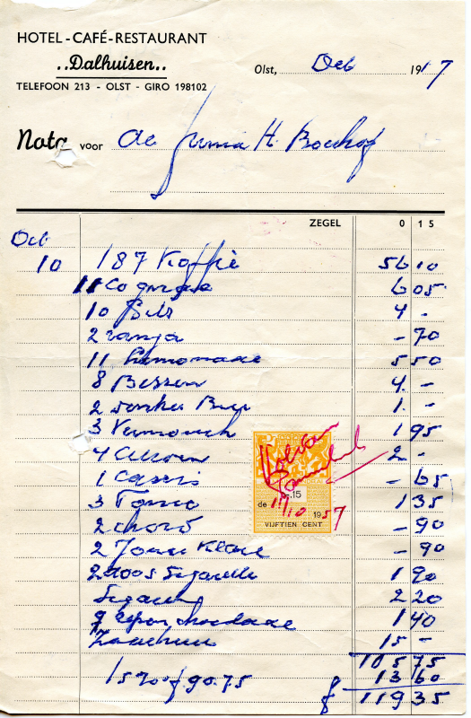 Bekijk detail van "Nota met briefhoofd: Hotel-Café-Restaurant 'Dalhuisen', 1972"