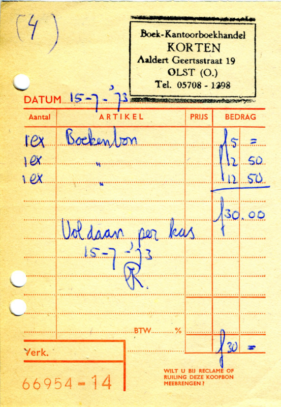 Bekijk detail van "Nota met stempel: Boek- en Kantoorboekhandel Korten, 1973"